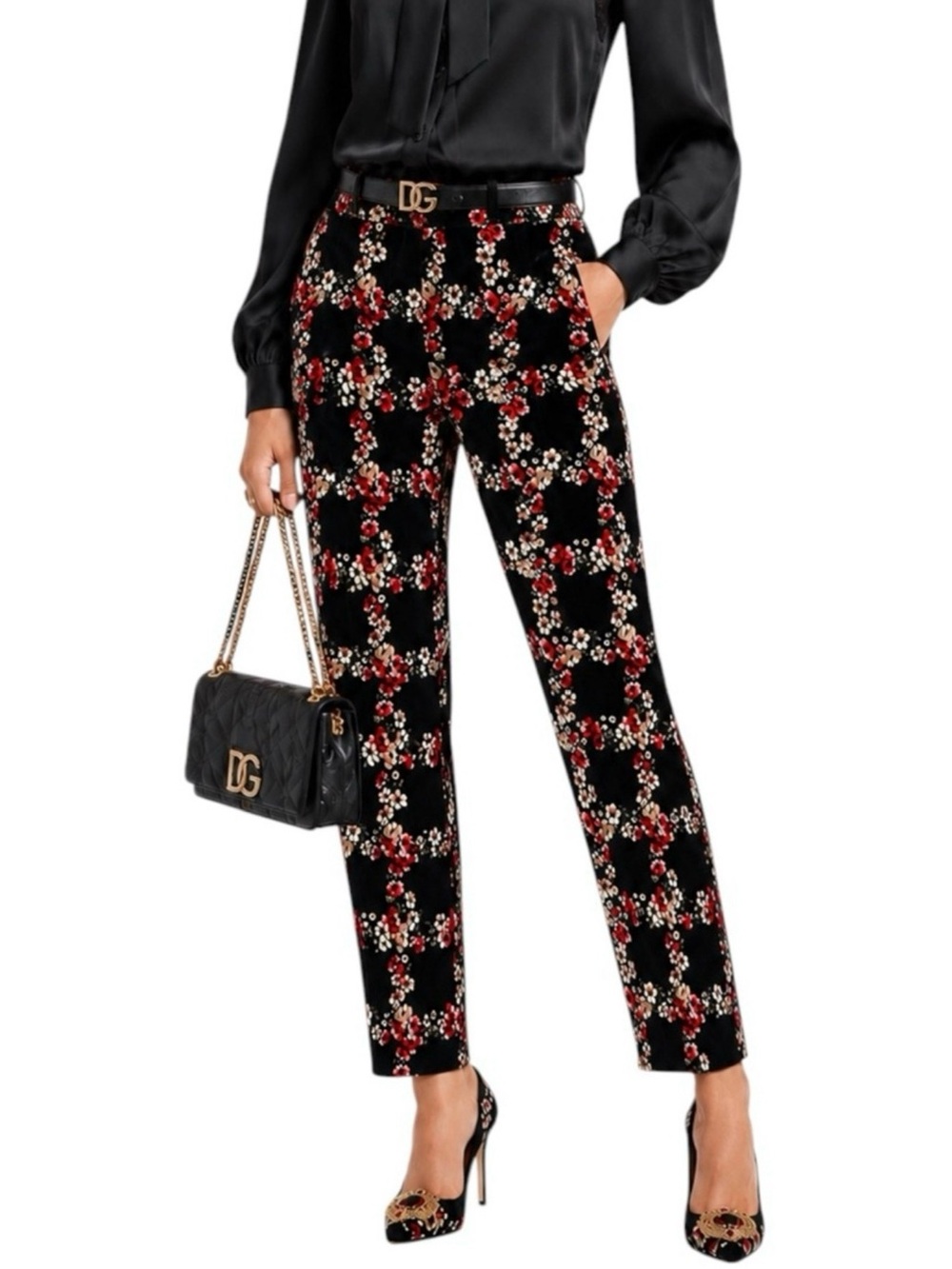 DOLCE & GABBANA Floral Lattice Black Velour Tailored Cropped Pants XS US 2
